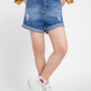 Quần jean nữ short phối túi xăn lai cào rách JONNY SON HMT00320XS